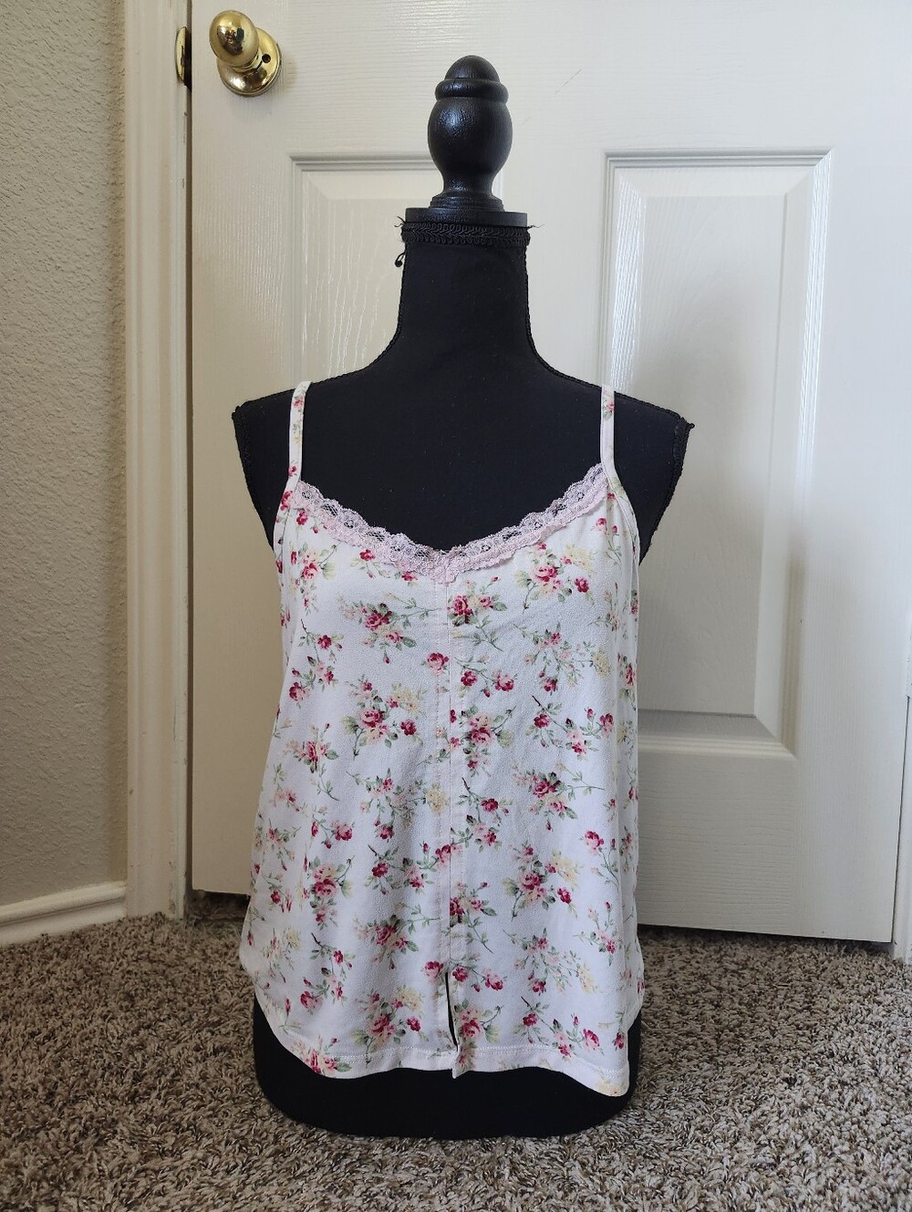 Floral Lace Trim Camisole Tank Top - White with Pink Roses